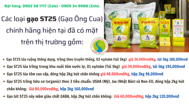 Các loại gạo ST25 chính hãng kỹ sư Hồ Quang Cua 